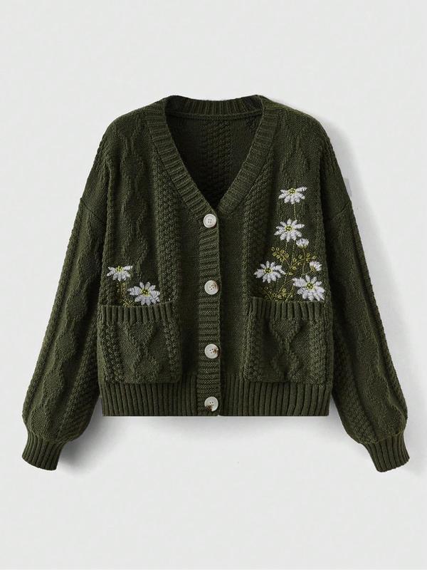 Women's Floral Embroidered Cable Knit Cardigan, Casual Long Sleeve Button Front Pocket Fall Knitwear, Fashion Ladies' Knit Clothing for Fall, Vintage Clothing, Preppy 80s Clothes