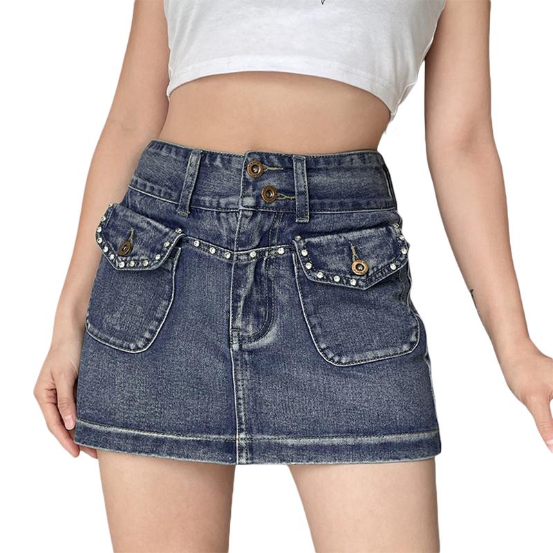 Womens Y2k Mini Denim Skirt Low Waisted Bodycon Short Pencil Jeans Skirts with Pockets 90s Streetwear