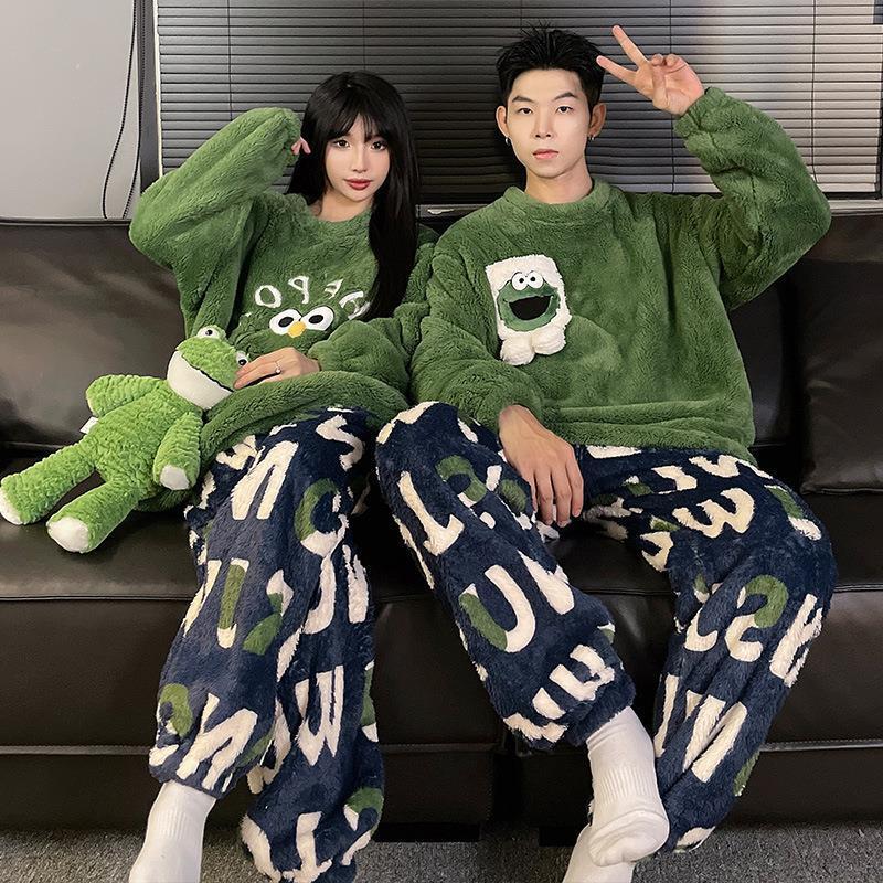 Couple Pajamas Autumn New Pajamas Women's Coral Fleece Fleece Lined Padded Warm Keeping Men's Cartoon Home Wear Suit