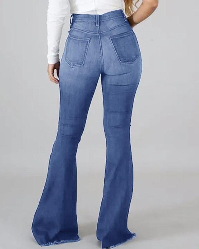 Women's Flared Pants High Waist Hole Slim Classic Flared Pants High Stretch Hole Breaking Jeans straight  fit pantalon cintura casual jean bell  bottom Womenswear Trouser Denim Comfort Streetwear Basic Flare Pants Minimalist