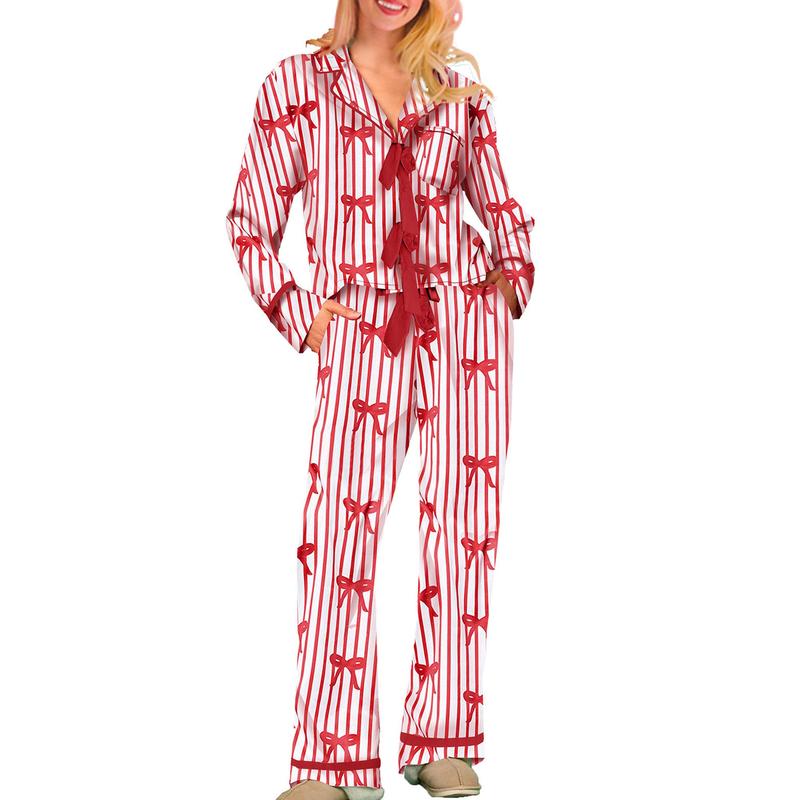 Mommy Matching Pajamas Bow Heart Print Tie Front Long Sleeve Tops and Long Pants Set Family Matching Sleepwear