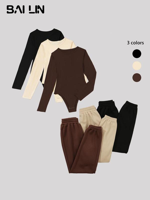 Women's Solid Long Sleeve Ribbed Bodysuit & Elastic Waist Pants Set, Casual Round Neck Bodysuit & Trousers for Spring & Fall, Fall Matching Sets, New Trendy Women's Clothing for Daily Wear