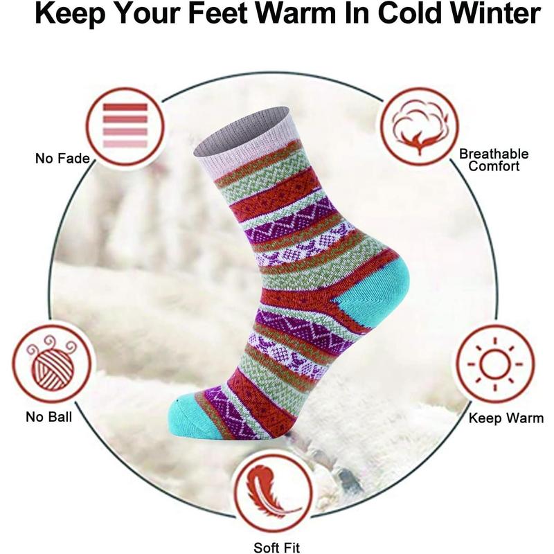 Wool Socks for Women, 5 Pairs Winter Warm Thick Crew Knit Socks Vintage Cozy Soft Cute Nordic Cabin Gifts