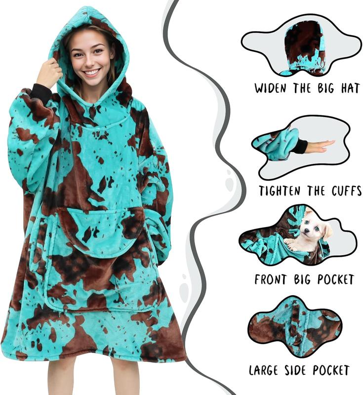 Blue Cow Print Wearable Blanket Hoodie Oversized Fleece Sweatshirt Blanket with Giant Pocket Warm Cozy Hooded Blanket for Adult Cow Gifts for Women Men