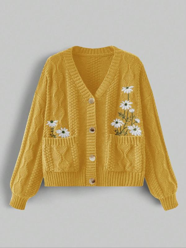 Women's Floral Embroidered Cable Knit Cardigan, Casual Long Sleeve Button Front Pocket Fall Knitwear, Fashion Ladies' Knit Clothing for Fall, Vintage Clothing, Preppy 80s Clothes