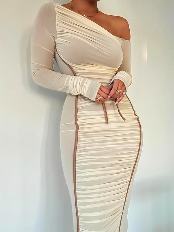 Women's Plain Ruched Asymmetrical Shoulder Bodycon Dress, Elegant Long Sleeve Long Dress for Party Club Dating Wear, Ladies Clothes for All Seasons