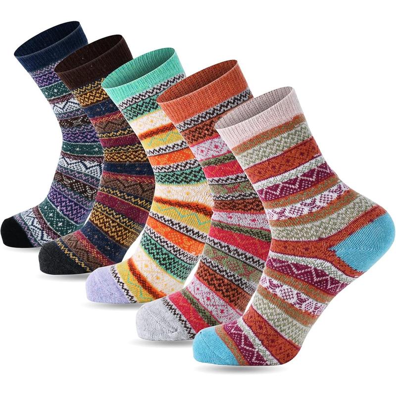 Wool Socks for Women, 5 Pairs Winter Warm Thick Crew Knit Socks Vintage Cozy Soft Cute Nordic Cabin Gifts