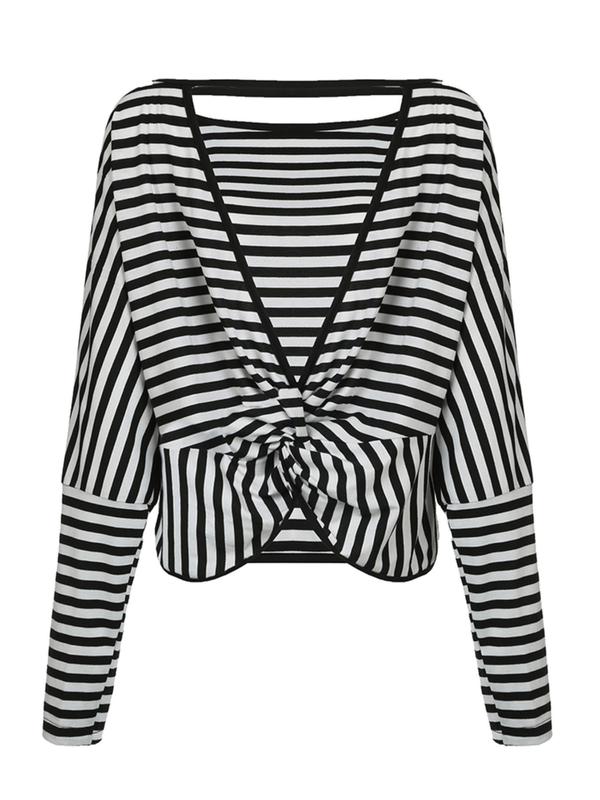 Women's Striped Print Twist Backless Batwing Sleeve Tee, Casual Boat Neck Long Sleeve T-Shirt for Daily Wear, Ladies Clothes for All Seasons