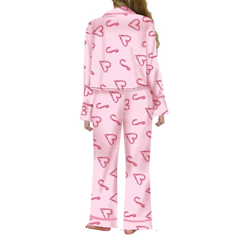 Mommy Matching Pajamas Bow Heart Print Tie Front Long Sleeve Tops and Long Pants Set Family Matching Sleepwear