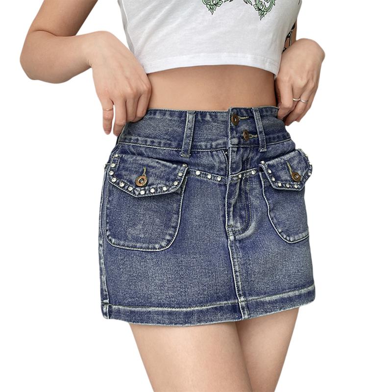 Womens Y2k Mini Denim Skirt Low Waisted Bodycon Short Pencil Jeans Skirts with Pockets 90s Streetwear