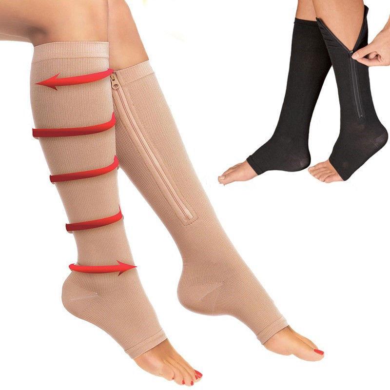 Unisex Zipper Anti-fatigue Compression Stockings Nylon Leg Support Stretch Pressure Long Socks Knee High Open Toe Socks