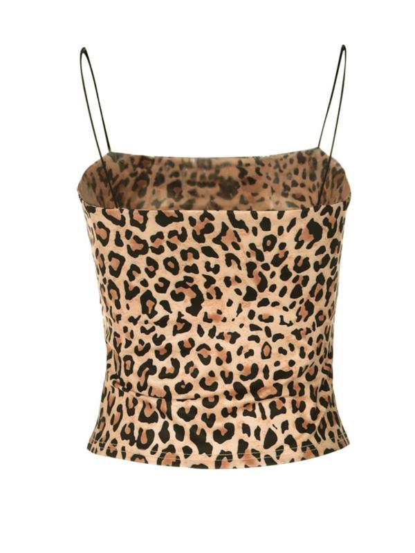 Women's Leopard Print Backless Cami Top, 2000s Y2K Casual Spaghetti Strap Crop Top for Summer, Ladies Clothes for Party Vacation