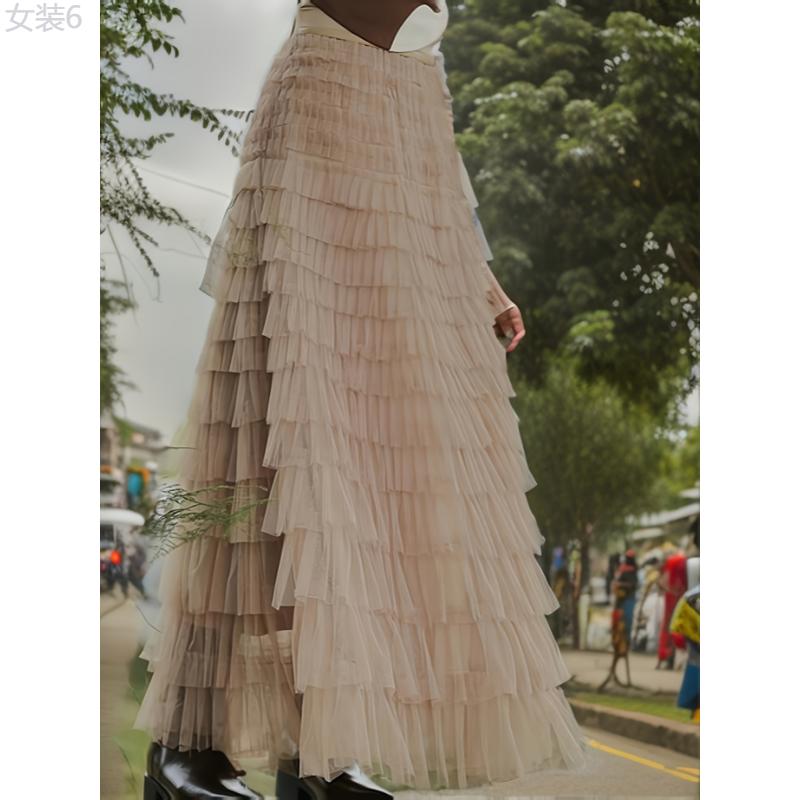 Multilayer Ruffles Tulle Skirt, Casual Fluffy Skirt For Spring & Summer, Women's Clothing Fabric Womenswear