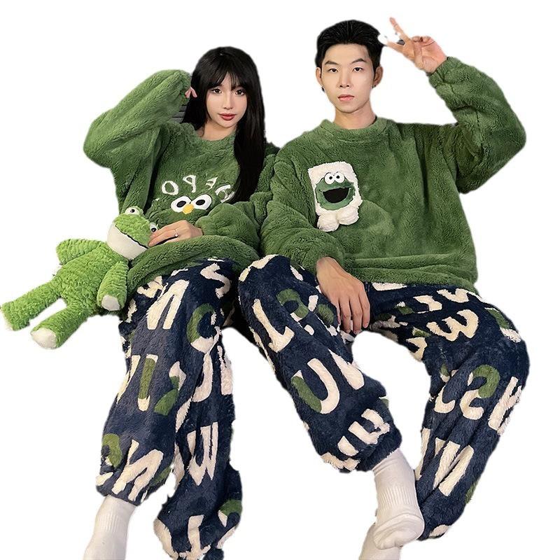 Couple Pajamas Autumn New Pajamas Women's Coral Fleece Fleece Lined Padded Warm Keeping Men's Cartoon Home Wear Suit