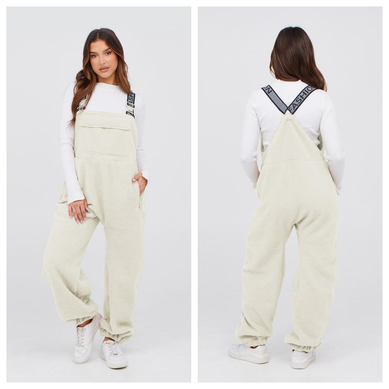 Tanming Womens Fleece Overalls 2024 Warm Winter Casual Loose Jumpsuits Sherpa Bib Overalls Fuzzy Ski Pants with Pockets