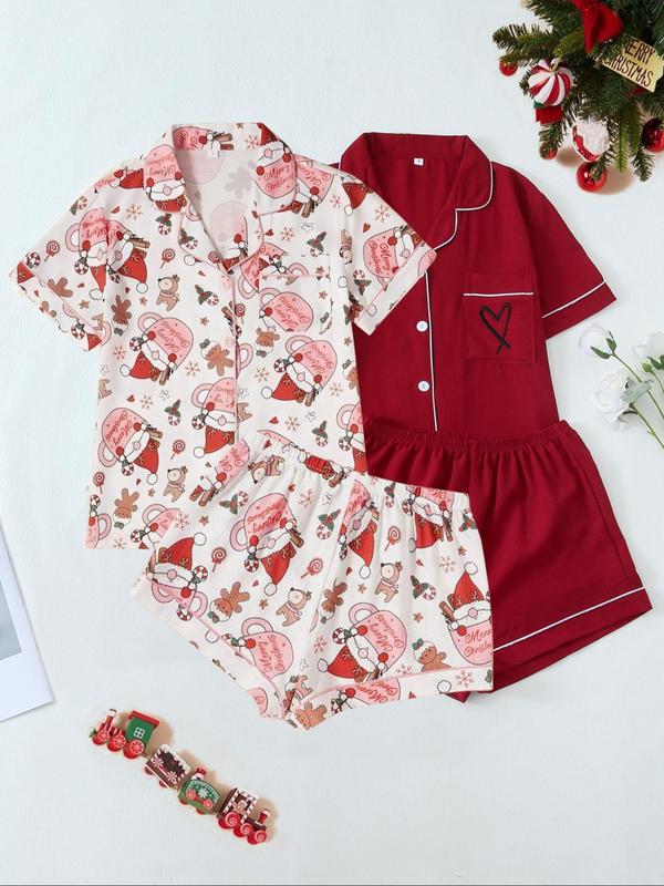 Women's Christmas Themed Pajama Set, Cute Heart  all Over Print Short Sleeve Lapel Neck Pocket Shirt & Elastic Waist Shorts Pj Set, Stylish Loungewear Women, Women's Sleepwear for All Seasons