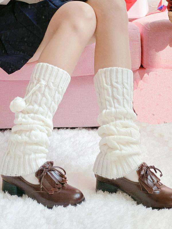 Women's 1 Pair Leg Warmers with Pom Pom Decor, Solid Cable Knit Over The Calf Leg Warmers, Harajuku Japanese Kawaii Boot Socks, Preppy Style Leg Warmers for Girl & Ladies, Women's Socks & Hosiery