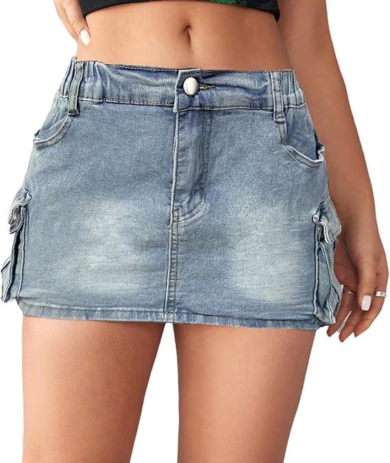 MNLYBABY New Women's Cargo Mini Denim Skirt Low Waist Button Bodycon with Pockets Y2K Girl Streetwear Casual Womenswear Bottom Matching Party