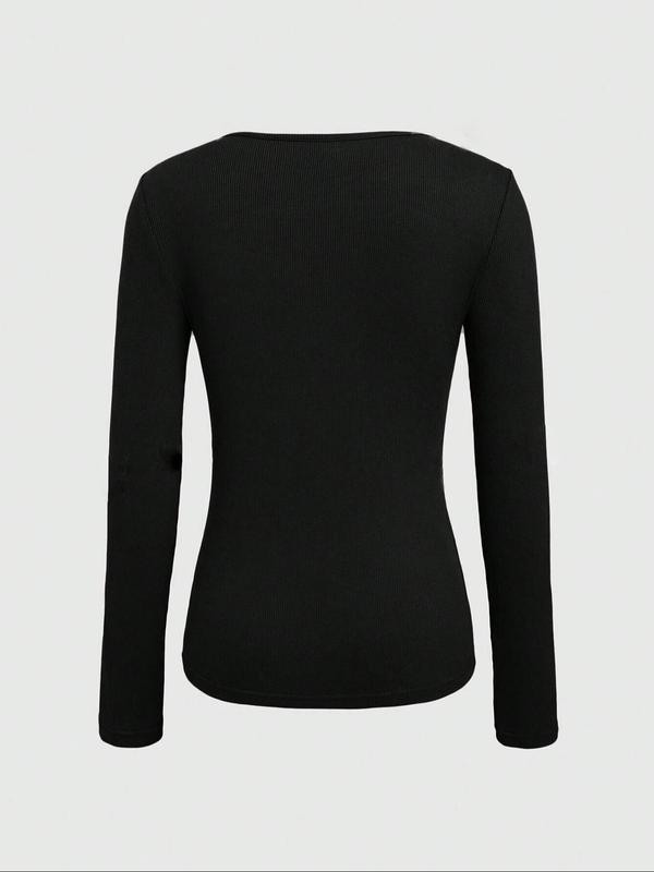 Women's Plain Cut Out Round Neck Tee, Casual Long Sleeve Crew Neck Top for Fall & Winter, Women's Clothing for Daily Wear