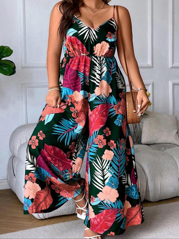  Plants Print Backless Cami Jumpsuit, Elegant Sleeveless Wide Leg Jumpsuit for Summer, Women's Plus Clothing for Daily Wear