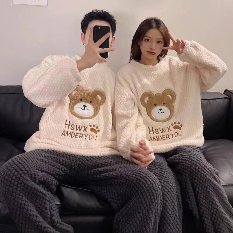 Couple Pajamas Autumn New Pajamas Women's Coral Fleece Fleece Lined Padded Warm Keeping Men's Cartoon Home Wear Suit