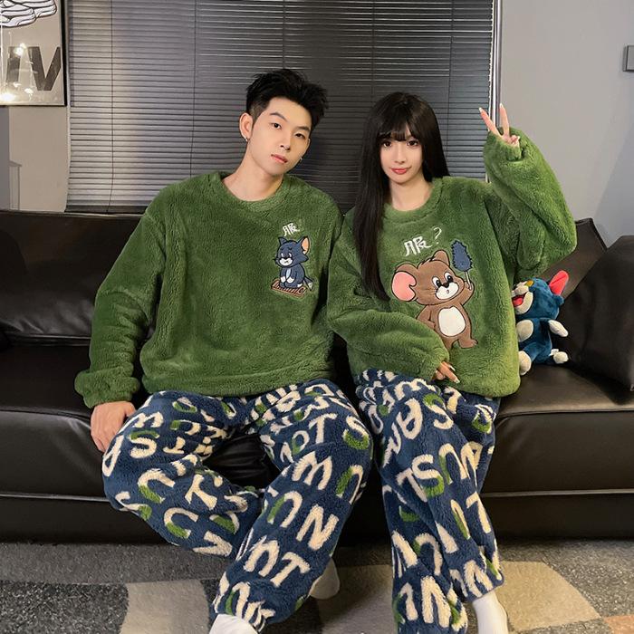 Couple Pajamas Autumn New Pajamas Women's Coral Fleece Fleece Lined Padded Warm Keeping Men's Cartoon Home Wear Suit