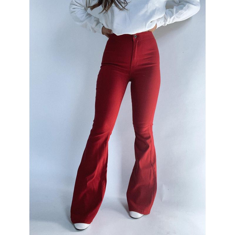 Fiona High Waisted Bell Bottom Flare Jeans -  Burgundy