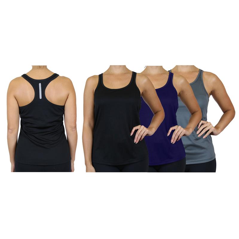 Women's 3-Pack Casual Slim-fitting Moisture Wicking Comfort Fabric Racerback Tops with Reflective Polyester