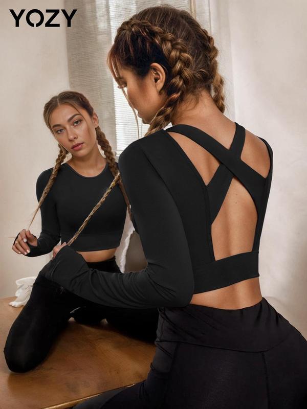 Christmas Deals,  YOZY Women's Solid Criss Cross Backless Crop Tee, Casual Long Sleeve Round Neck Skinny T-shirt for Yoga Gym, Ladies Clothing for All Seasons, Christmas 2024 Trend, Christmas Clothes, Fall&Winter Clothes, Christmas Gift Ideas