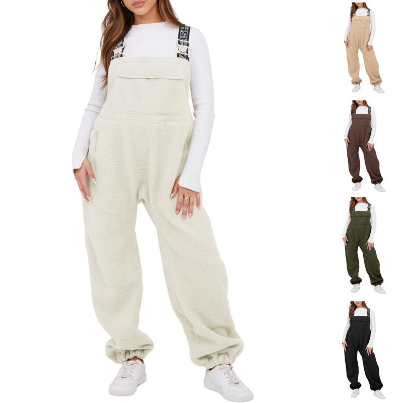 Tanming Womens Fleece Overalls 2024 Warm Winter Casual Loose Jumpsuits Sherpa Bib Overalls Fuzzy Ski Pants with Pockets