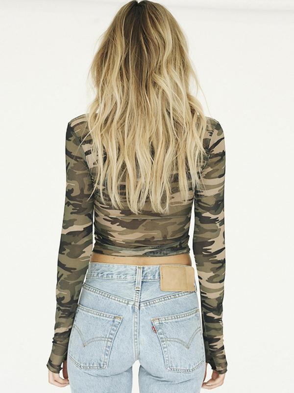 Women's Camo Print Sheer Tulle Tee, Casual Long Sleeve Round Neck T-shirt for Spring & Fall, Women's Top for Daily Wear