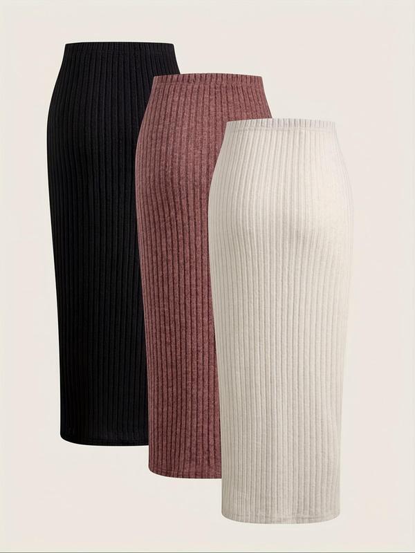 Women's Solid Color Ribbed Bodycon Skirt, Casual Fashion Long Skirt for Daily Outdoor Wear, Ladies Bottoms for Spring & Fall