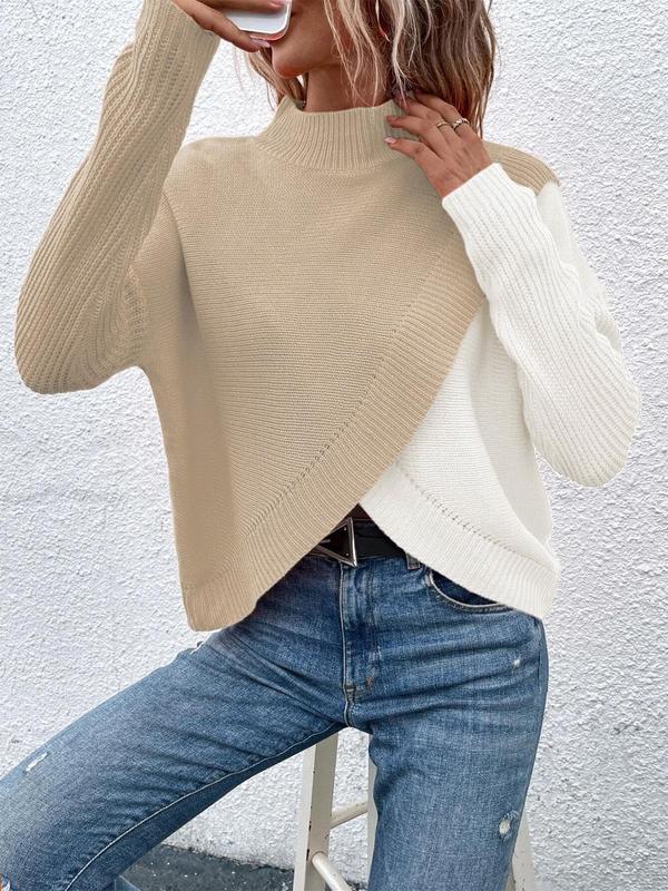 Women's Colorblock Drop Shoulder Sweater, Casual Long Sleeve High Neck Jumper for Daily Outdoor Wear, Ladies Knitwear for All Seasons