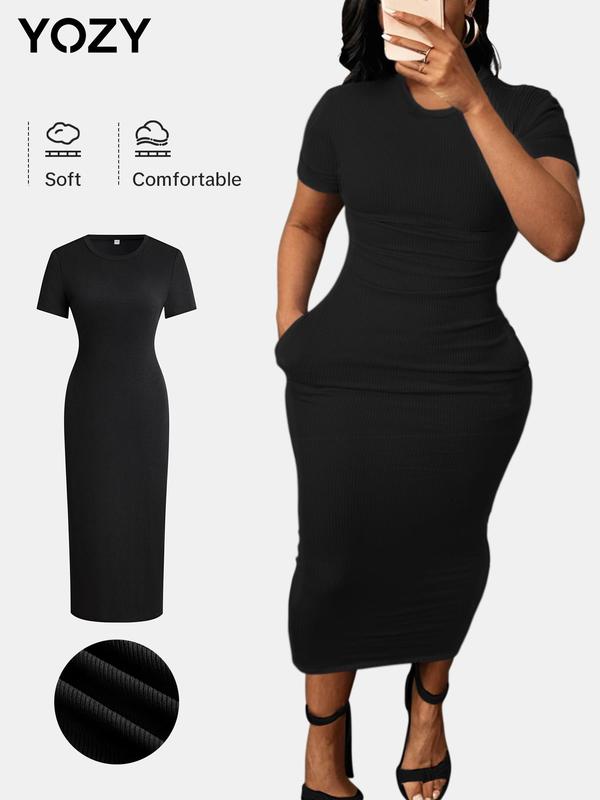 YOZY [size 4-14] Plain Pocket Ribbed Bodycon Dress, Casual Short Sleeve Round Neck Midi Dress, 2024 Women's Summer Outfits for Daily Wear, [S-XXL]