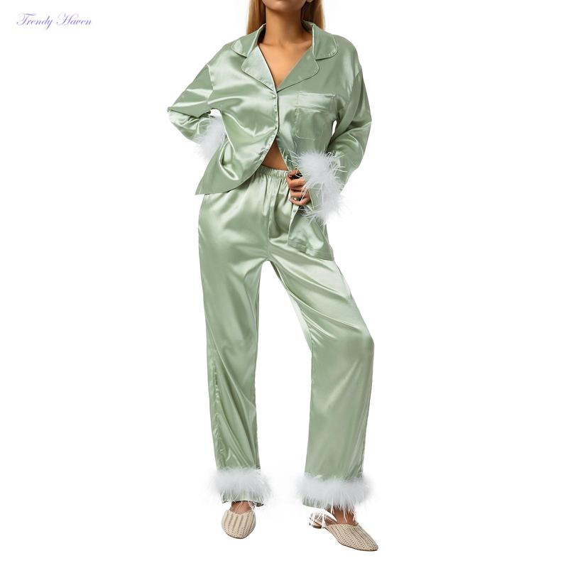 Women's Sleepwear, Feather Decoration Long Sleeve Button-Down Lapel Collar Tops + Pants Pajamas Set Loungewear Womenswear