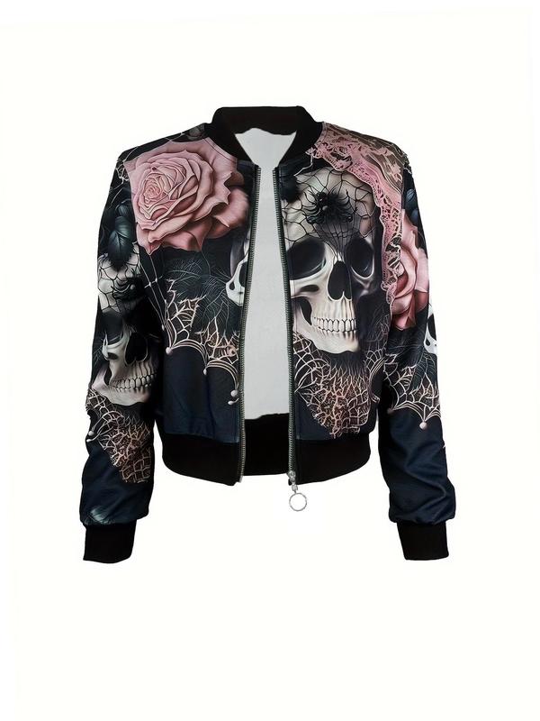 Women's Floral Skull Print Zip Up Jacket, Casual Long Sleeve Baseball Collar Outerwear for Fall & Winter, Ladies Clothes for Daily Wear