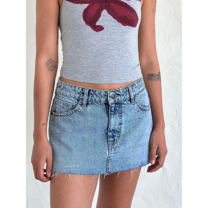 Women's Denim Mini Skirts Low Waist Raw Hem Casual Fashion Jean Skirts for Summer