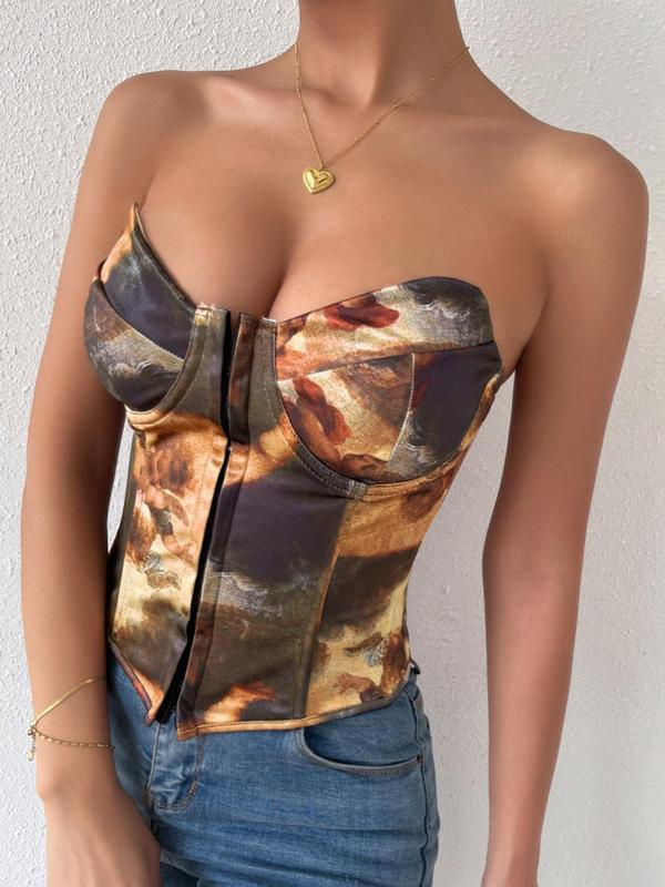 Womenswear Figure Print Backless Corset Tube Top, Back To School Summer Clothes Women, Comfort Street Fashionable 2000s Y2k Strapless Top for Daily Outdoor Wear, Lady Tank Tops for Women, Women Top Clothing for Summer