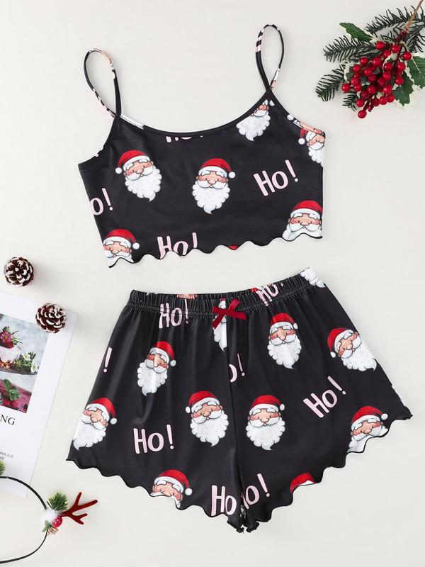 Two Pieces Women's Halloween Themed Matching Pajama Set, Chic Cartoon Print Cami Top & Bow Pj Shorts Loungewear Set for Fall, Lounge Sets, Halloween Pajamas, Christmas Pajamas, Fall Wear, Fallfreshness, Christmas Gift Set, Halloween Costumes