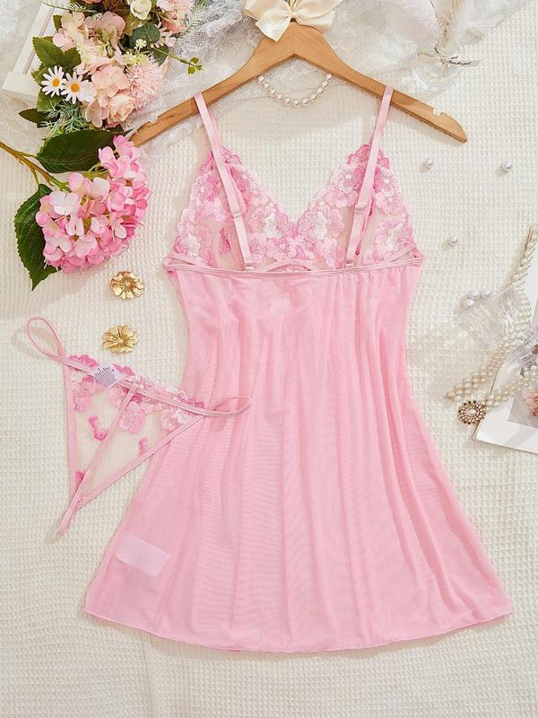 Women's Floral Embroidery Sheer Tulle Sexy Lingerie Set, Adjustable Strap Cami Nightdress & Thong Pajama Set, Soft Comfy Sleepwear Set for Women