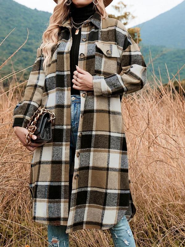 Women's Plaid Print Button Front Drop Shoulder Shirt Coat, Casual Long Sleeve Collared Flap Pocket Outerwear for Fall & Winter, Ladies Clothes for Daily Wear