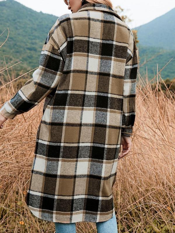 Women's Plaid Print Button Front Drop Shoulder Shirt Coat, Casual Long Sleeve Collared Flap Pocket Outerwear for Fall & Winter, Ladies Clothes for Daily Wear