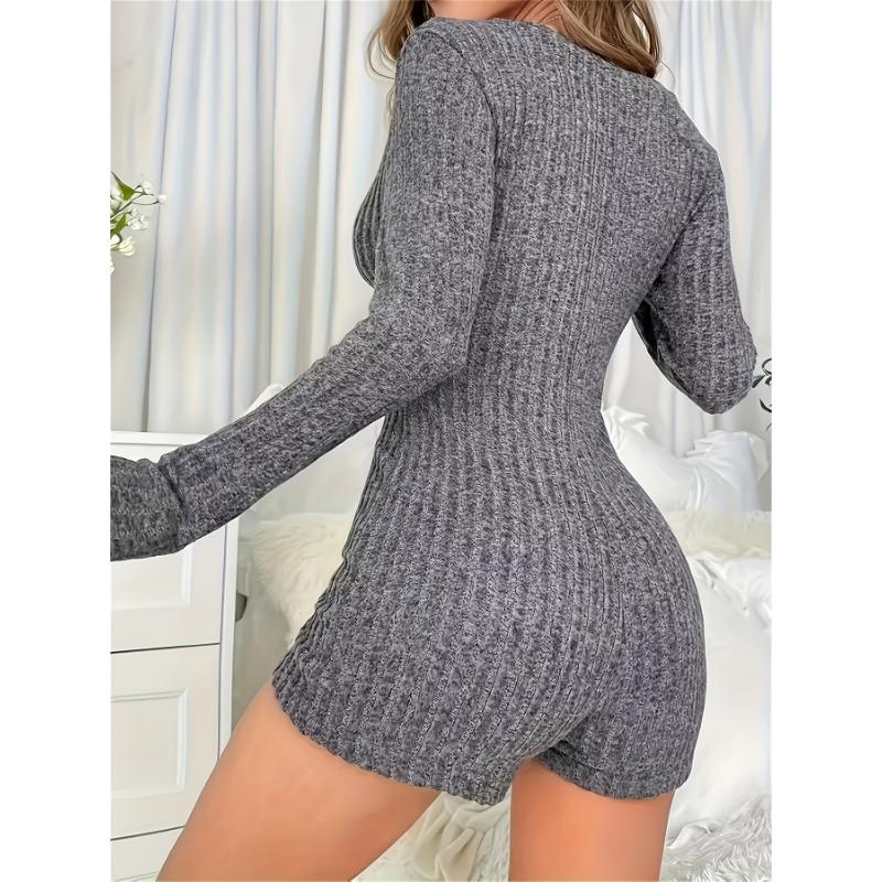 Women's Sexy Deep V Neck Shorts Long Sleeve Knitted One Piece Bodysuit Sexy Pajama Onesie Bodycon Rompers Overall