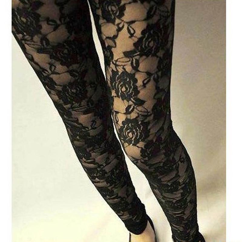 Women Floral Lace Sheer Elastic High Waist Pants Vintage Slim-Fit Leggings Fashion Bottoms