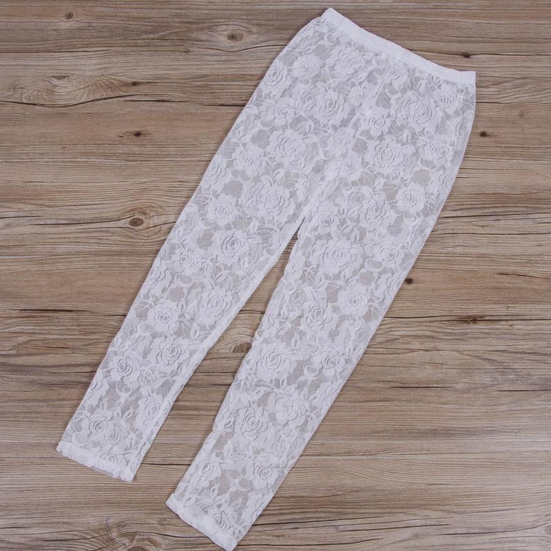 Women Floral Lace Sheer Elastic High Waist Pants Vintage Slim-Fit Leggings Fashion Bottoms