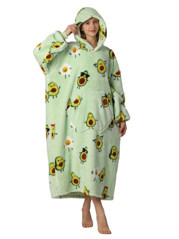 Cute Cartoon Pattern Hooded Blanket for Women Men, 1Pcs Oversized Wearable Hooded Nightwear Loungewear Womenswear Sweatshirt Pullover, Warm and Cozy, Christmas Day Gift Large Pocket Pajamas