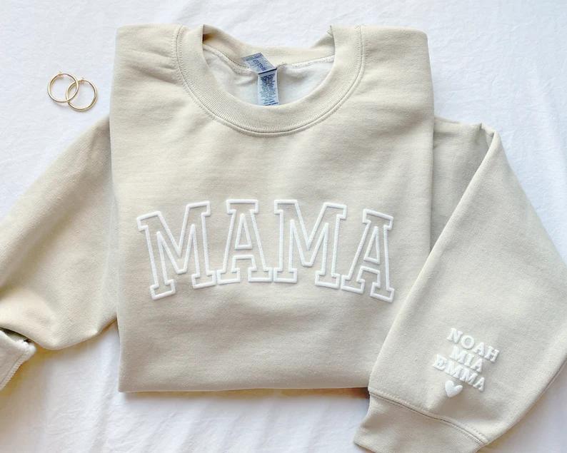 Mama Sweatshirt with Kid Names on Sleeve, Mothers Day Gift, Birthday Gift for Mom, New Mom Gift, Minimalist Cool Mom Sweater