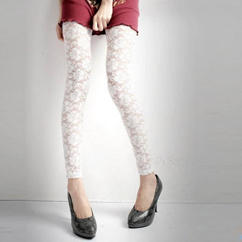 Women Floral Lace Sheer Elastic High Waist Pants Vintage Slim-Fit Leggings Fashion Bottoms