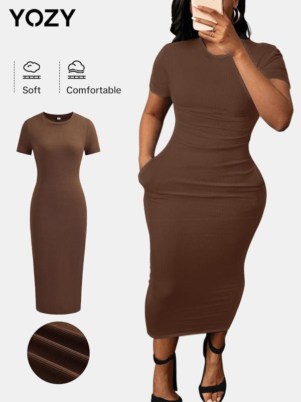 YOZY [size 4-14] Plain Pocket Ribbed Bodycon Dress, Casual Short Sleeve Round Neck Midi Dress, 2024 Women's Summer Outfits for Daily Wear, [S-XXL]