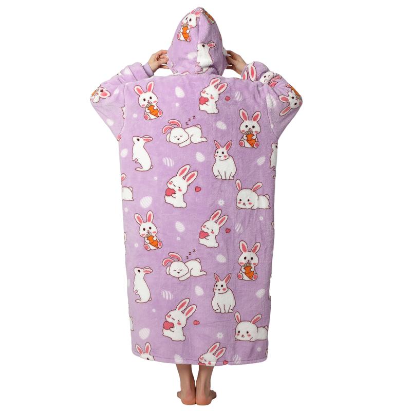 Cute Cartoon Pattern Hooded Blanket for Women Men, 1Pcs Oversized Wearable Hooded Nightwear Loungewear Womenswear Sweatshirt Pullover, Warm and Cozy, Christmas Day Gift Large Pocket Pajamas